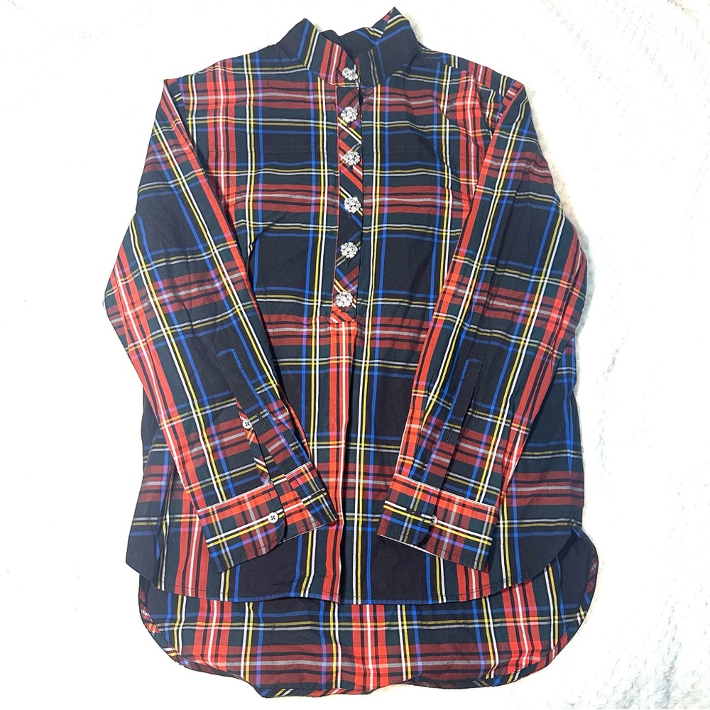 J crew Tartan cotton poplin button down long sleeve top with jewel buttons plaid